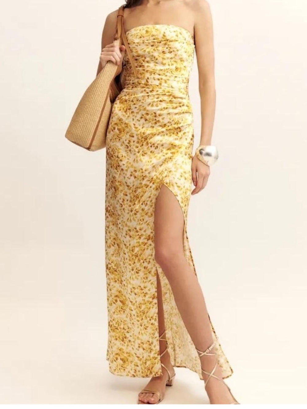 Reformation Strapless Yellow Floral Midi Dress - Picture 2 of 5
